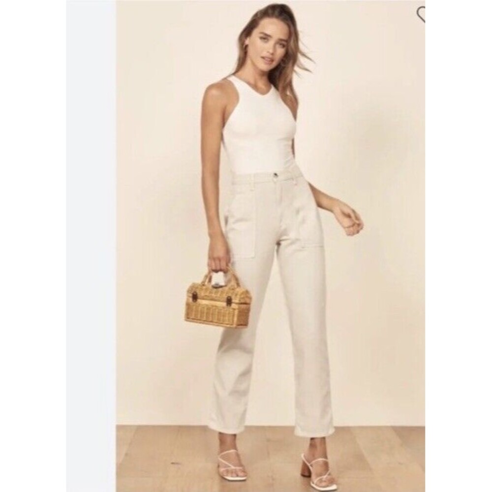 Reformation Jeans Taylor Pant in Sand Cream Women’s Straight Leg High Rise Sz 28